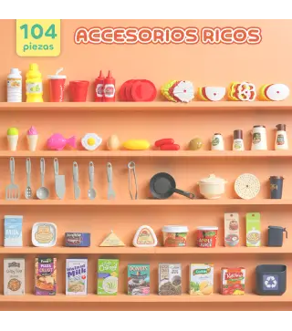 Cocina de Juguete con Luces Sonido Accesorios Fregadero Utensilios Alimentos Falsos para Niños a Partir de 3 Años Rosa