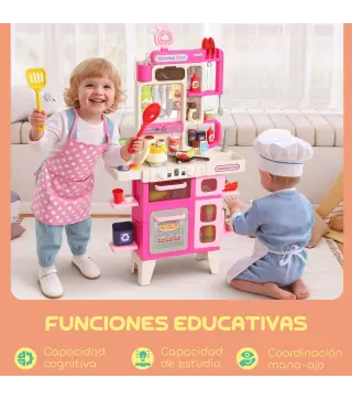 Cocina de Juguete con Luces Sonido Accesorios Fregadero Utensilios Alimentos Falsos para Niños a Partir de 3 Años Rosa