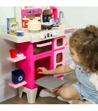 Cocina de Juguete con Luces Sonido Accesorios Fregadero Utensilios Alimentos Falsos para Niños a Partir de 3 Años Rosa