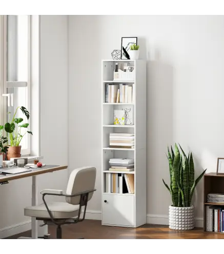 Librería de 7 Niveles Estantería para Libros Moderna con Estantes Abiertos y Puerta 40x30x180 cm Blanco