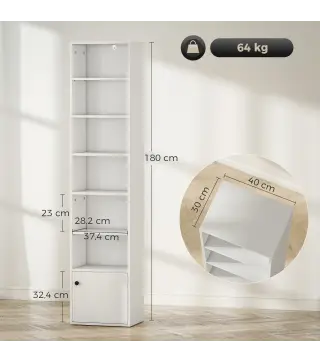 Librería de 7 Niveles Estantería para Libros Moderna con Estantes Abiertos y Puerta 40x30x180 cm Blanco