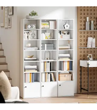 Librería de 7 Niveles Estantería para Libros Moderna con Estantes Abiertos y Puerta 40x30x180 cm Blanco