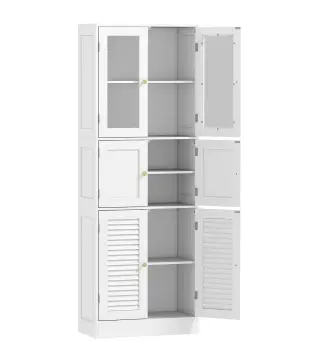 Columna de Baño Estrecha con Puertas de Vidrio Puertas de Lamas Estantes Ajustables 60x30x170 cm Blanco