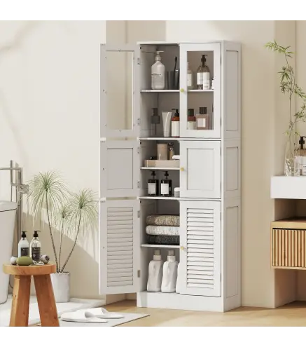 Columna de Baño Estrecha con Puertas de Vidrio Puertas de Lamas Estantes Ajustables 60x30x170 cm Blanco