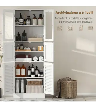 Columna de Baño Estrecha con Puertas de Vidrio Puertas de Lamas Estantes Ajustables 60x30x170 cm Blanco