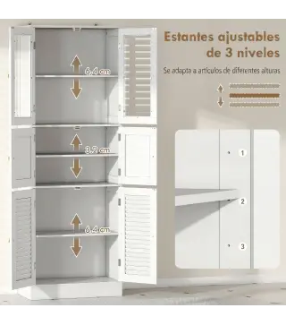 Columna de Baño Estrecha con Puertas de Vidrio Puertas de Lamas Estantes Ajustables 60x30x170 cm Blanco
