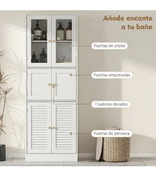 Columna de Baño Estrecha con Puertas de Vidrio Puertas de Lamas Estantes Ajustables 60x30x170 cm Blanco