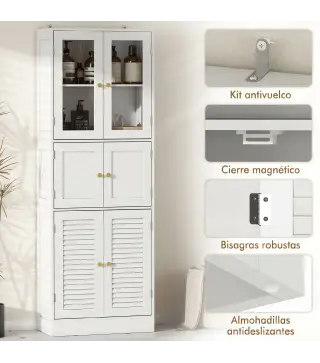 Columna de Baño Estrecha con Puertas de Vidrio Puertas de Lamas Estantes Ajustables 60x30x170 cm Blanco