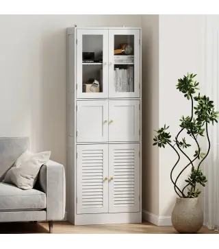Columna de Baño Estrecha con Puertas de Vidrio Puertas de Lamas Estantes Ajustables 60x30x170 cm Blanco