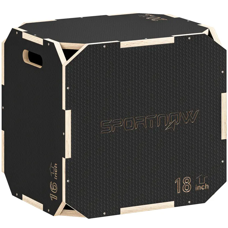 Cajón Pliométrico de Madera 3 en 1 con 3 Alturas Diferentes Asas sin Esquinas Entrenamiento de Salto 51x48x41 cm