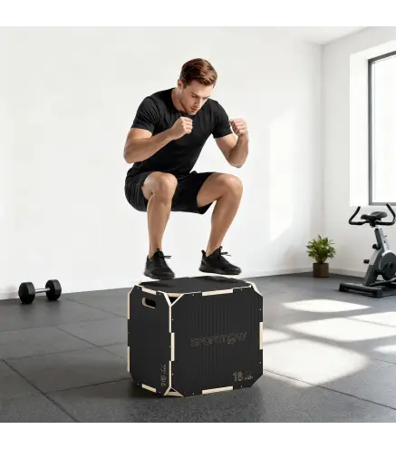Cajón Pliométrico de Madera 3 en 1 con 3 Alturas Diferentes Asas sin Esquinas Entrenamiento de Salto 51x48x41 cm