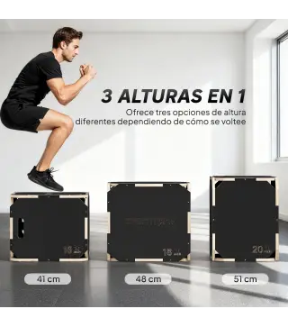 Cajón Pliométrico de Madera 3 en 1 con 3 Alturas Diferentes Asas sin Esquinas Entrenamiento de Salto 51x48x41 cm