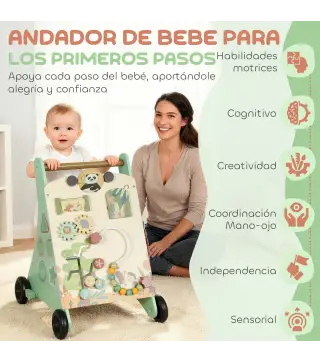 Andador Madera Bebé Control Velocidad Xilófono Engranajes Laberinto Cuentas Centro de Actividades Montessori Verde