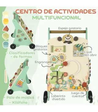 Andador Madera Bebé Control Velocidad Xilófono Engranajes Laberinto Cuentas Centro de Actividades Montessori Verde