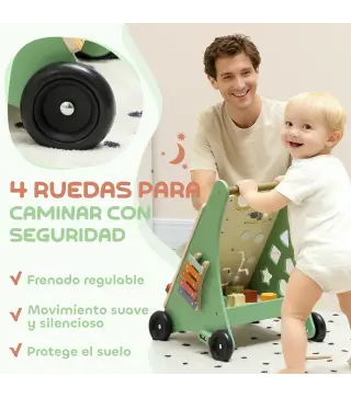 Andador Madera Bebé Control Velocidad Xilófono Engranajes Laberinto Cuentas Centro de Actividades Montessori Verde