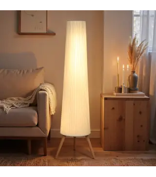 Lámpara de Pie con Trípode Brillo Ajustable 3 Niveles Interruptor de Pie Patas de Madera y Pantalla de Tela Blanco