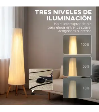 Lámpara de Pie con Trípode Brillo Ajustable 3 Niveles Interruptor de Pie Patas de Madera y Pantalla de Tela Blanco