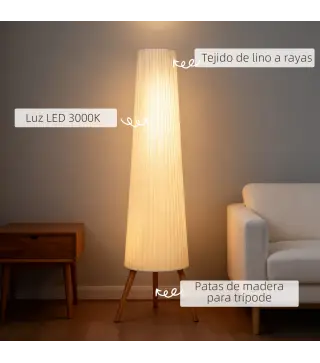 Lámpara de Pie con Trípode Brillo Ajustable 3 Niveles Interruptor de Pie Patas de Madera y Pantalla de Tela Blanco