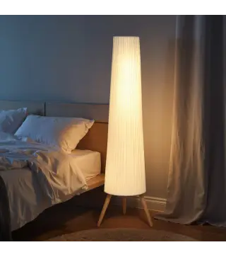 Lámpara de Pie con Trípode Brillo Ajustable 3 Niveles Interruptor de Pie Patas de Madera y Pantalla de Tela Blanco