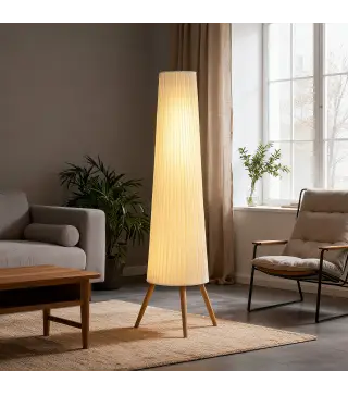 Lámpara de Pie con Trípode Brillo Ajustable 3 Niveles Interruptor de Pie Patas de Madera y Pantalla de Tela Blanco