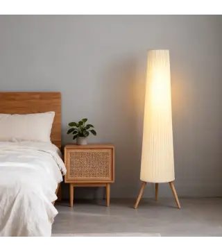 Lámpara de Pie con Trípode Brillo Ajustable 3 Niveles Interruptor de Pie Patas de Madera y Pantalla de Tela Blanco
