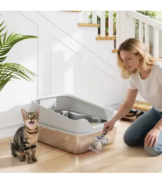 Arenero para Gatos de Acero Inoxidable XL con Borde Alto Pala Fácil de Limpiar Prueba de Fugas 60,2x40,2x29,7 cm Gris