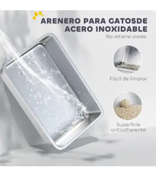 Arenero para Gatos de Acero Inoxidable XL con Borde Alto Pala Fácil de Limpiar Prueba de Fugas 60,2x40,2x29,7 cm Gris