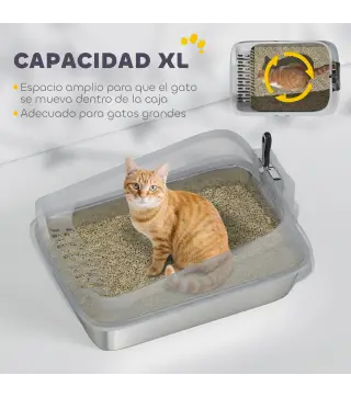 Arenero para Gatos de Acero Inoxidable XL con Borde Alto Pala Fácil de Limpiar Prueba de Fugas 60,2x40,2x29,7 cm Gris