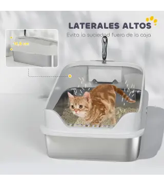 Arenero para Gatos de Acero Inoxidable XL con Borde Alto Pala Fácil de Limpiar Prueba de Fugas 60,2x40,2x29,7 cm Gris