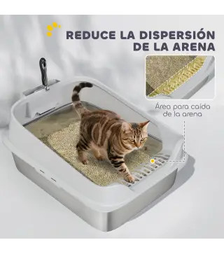 Arenero para Gatos de Acero Inoxidable XL con Borde Alto Pala Fácil de Limpiar Prueba de Fugas 60,2x40,2x29,7 cm Gris
