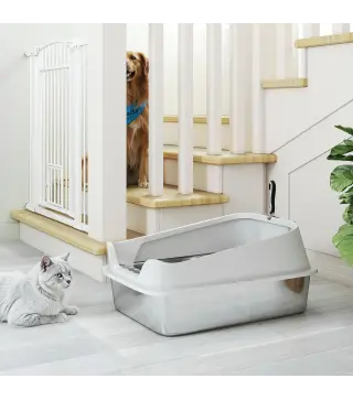 Arenero para Gatos de Acero Inoxidable XL con Borde Alto Pala Fácil de Limpiar Prueba de Fugas 60,2x40,2x29,7 cm Gris