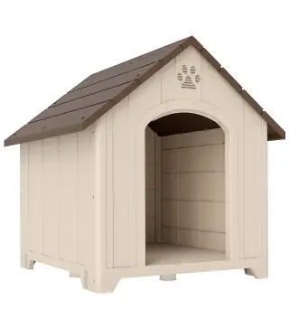 Caseta para Perros Exterior Casa para Perros Extragrandes de Plástico con 2 Ventanas Base Elevada Estacas Beige