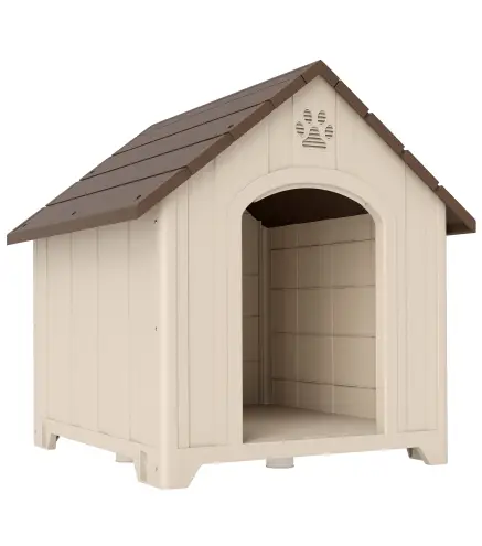 Caseta para Perros Exterior Casa para Perros Extragrandes de Plástico con 2 Ventanas Base Elevada Estacas Beige
