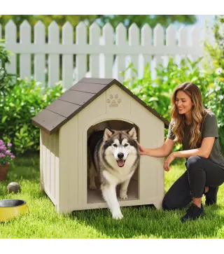 Caseta para Perros Exterior Casa para Perros Extragrandes de Plástico con 2 Ventanas Base Elevada Estacas Beige