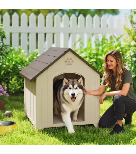 Caseta para Perros Exterior Casa para Perros Extragrandes de Plástico con 2 Ventanas Base Elevada Estacas Beige