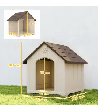 Caseta para Perros Exterior Casa para Perros Extragrandes de Plástico con 2 Ventanas Base Elevada Estacas Beige