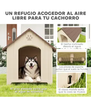 Caseta para Perros Exterior Casa para Perros Extragrandes de Plástico con 2 Ventanas Base Elevada Estacas Beige
