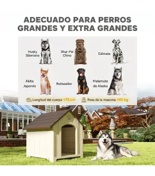 Caseta para Perros Exterior Casa para Perros Extragrandes de Plástico con 2 Ventanas Base Elevada Estacas Beige