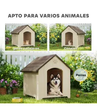 Caseta para Perros Exterior Casa para Perros Extragrandes de Plástico con 2 Ventanas Base Elevada Estacas Beige