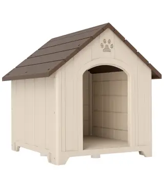 Caseta para Perros Exterior Casa para Perros Grandes de Plástico con 2 Ventanas Base Elevada Estacas Beige