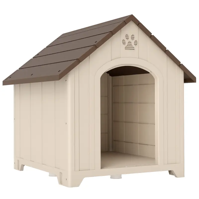 Caseta para Perros Exterior Casa para Perros Grandes de Plástico con 2 Ventanas Base Elevada Estacas Beige
