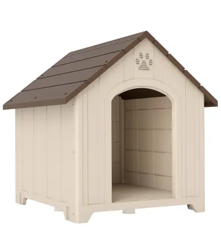 Caseta para Perros Exterior Casa para Perros Grandes de Plástico con 2 Ventanas Base Elevada Estacas Beige
