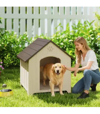 Caseta para Perros Exterior Casa para Perros Grandes de Plástico con 2 Ventanas Base Elevada Estacas Beige
