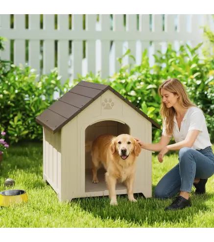 Caseta para Perros Exterior Casa para Perros Grandes de Plástico con 2 Ventanas Base Elevada Estacas Beige