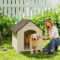 Caseta para Perros Exterior Casa para Perros Grandes de Plástico con 2 Ventanas Base Elevada Estacas Beige