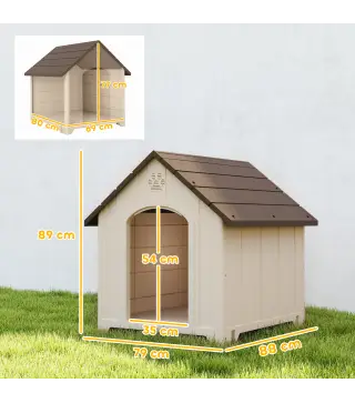 Caseta para Perros Exterior Casa para Perros Grandes de Plástico con 2 Ventanas Base Elevada Estacas Beige