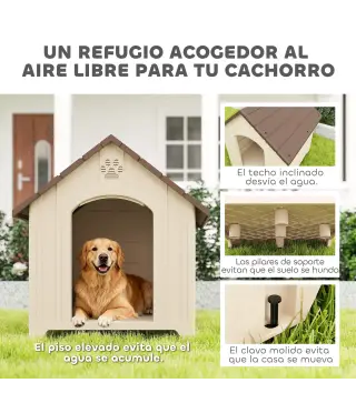 Caseta para Perros Exterior Casa para Perros Grandes de Plástico con 2 Ventanas Base Elevada Estacas Beige