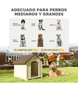 Caseta para Perros Exterior Casa para Perros Grandes de Plástico con 2 Ventanas Base Elevada Estacas Beige