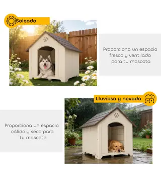 Caseta para Perros Exterior Casa para Perros Grandes de Plástico con 2 Ventanas Base Elevada Estacas Beige