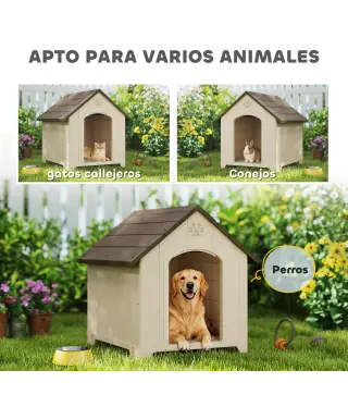 Caseta para Perros Exterior Casa para Perros Grandes de Plástico con 2 Ventanas Base Elevada Estacas Beige